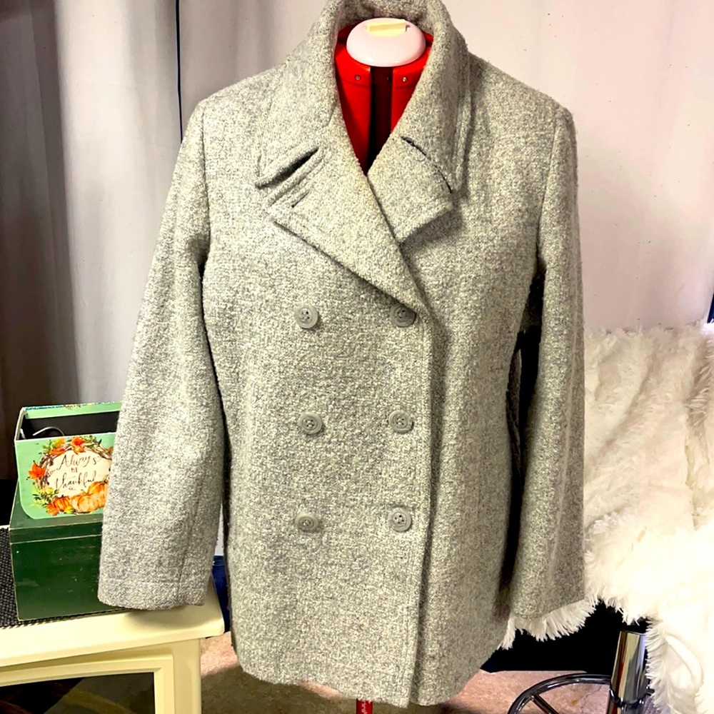 Wool Blend Boucle Style Double Breasted Grey Pea Coat size 1X